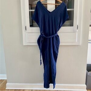 Pact The Coastal Tie Waist Jumpsuit Blue Organic Cotton